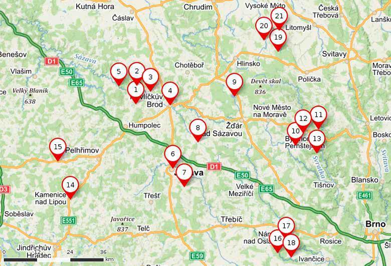 Stvořidla keška 6 Jihlava keška 7 Příseka keška 8 Polná keška 9 Velké Dářko 10 Dolní Rožínka 11 Zubštejn 12 Bystřice nad Pernštejnem