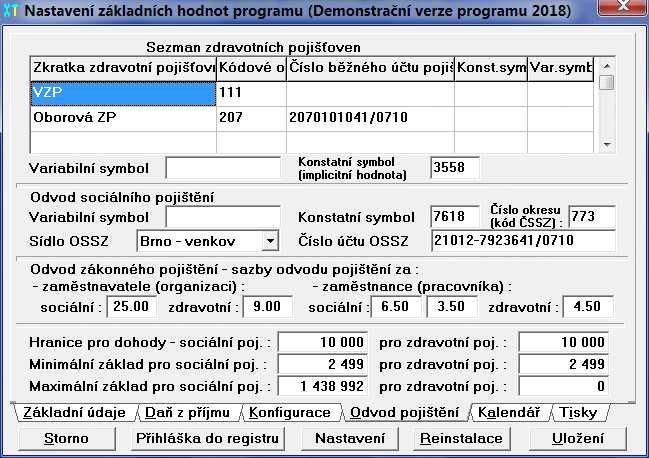 Nastavení počtu pracovních dnů a proplácených svátků pro daný kalendářní rok je možno provést pomocí funkce "Nastavení základního hodnot" na záložce "Kalendář".