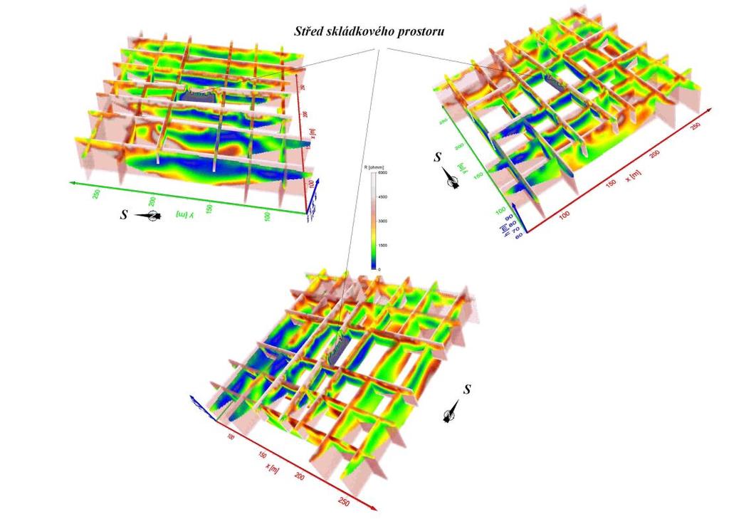 Obr. 5.27c: 3D zobrazení odporových řezů získaných metodou multielektrodového měření. Detailní průzkum skládky a jeho nejbližšího okolí.