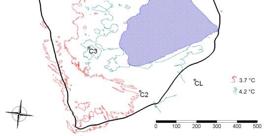 Obr. 4. Trvalé výzkumné plochy v povodí Čertova jezera. Uvedeny jsou izothermy průměrných teplot vzduchu v období 1961-1990 charakteristické pro spodní hranici 7. (4,2 C) a 8.