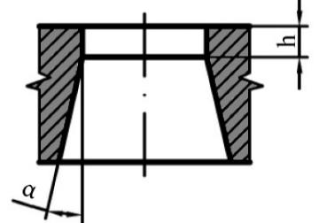 Tab. 3 Geometrie funkčních částí břitů [25] Tvar střižného otvoru střižnice Geometrie Použití Kuželový s válcovou fazetkou h = 3-5 mm při s = 0,5 mm h = 3-10 mm při s = 0,5-5 mm h = 10-15 mm při s=
