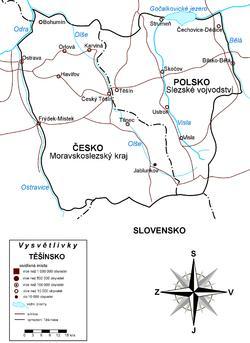 Obr. 9 Těšínské Slezsko rozdělené v roce 1920 Zdroj: http://cs.wikipedia.