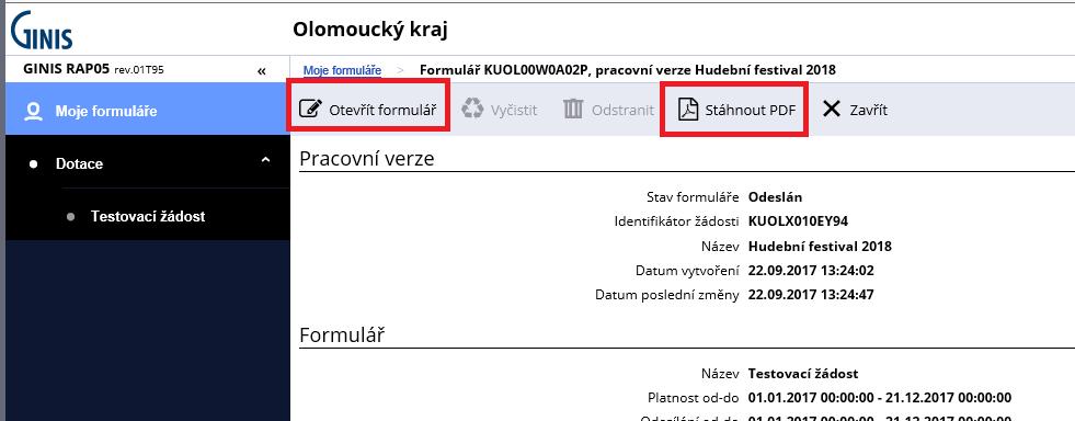 dostaneme se na detailní informace o formuláře, můžeme přes tlačítko Otevřít formulář zobrazit náhled formuláře, nebo přes tlačítko Stáhnout PDF uložit odeslaný formulář do počítače