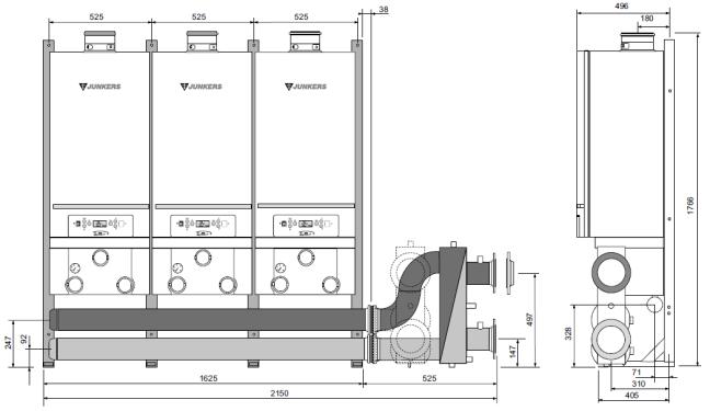 Plynové kondenzační kotle nad 50 kw Rozměrový výkres kaskády 3 kotlů CerapurMaxx Příslušenství ke