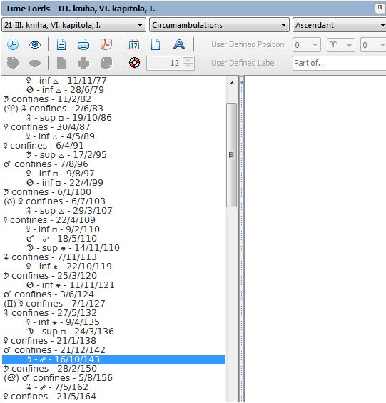 I. PŘÍKLAD VI. KAPITOLA Na obrázku vlevo je výtah z programu Delphic Oracle, zvolil jsem ASC coby Aphetu a k opozici dochází pro 17. st. Ryb (ASC) se Saturnem 16/10/143 (68 let).