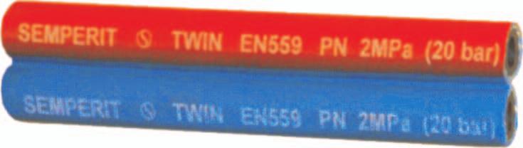 TWIN WELDING - EN Kód 0 Dvojitá tlaková hadice pro technické plyny - C až+ C : EN, UNI Textilní oplet Pryžová smìs na bázi SBR / NR - èerná Pryžová smìs na bázi NR / EPDM - èervená a modrá, odolná