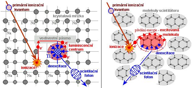 C) Scintilační detektory využívají excitačních účinků ionizujícího záření při deexcitaci elektronů v průhledných látkách dochází ke vzniku záblesku (scintilaci) detektor musí