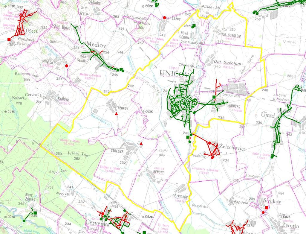 E. KANALIZACE A ČOV Mapa E1: Kanalizace - rozvody v obci Trasování sítí, lokalizace ČOV, čerpací stanice (ČS), výústě Obec: Uničov Legenda: Kanalizace: Ochranné pásmo: Vyústění: do 2015 po 2015 I IA