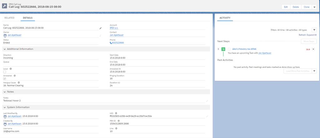 Detail hovoru zobrazuje kompletní informace o hovoru: Volající Volaný zákazník/kontaktní osoba Telefonní číslo zákazníka/kontaktní osoby na které se hovor uskutečnil Směr hovoru Zahájení hovoru