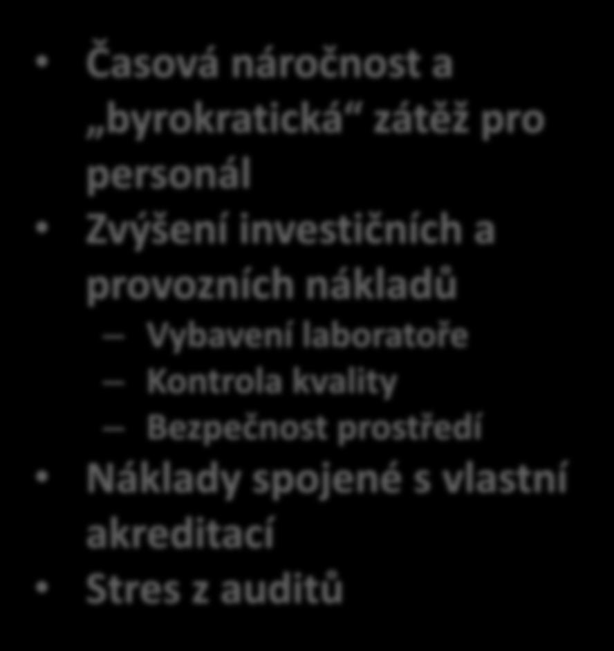 prezentace laboratoře navenek Negativa Časová náročnost a byrokratická zátěž pro personál Zvýšení investičních a