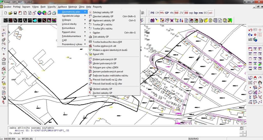 Pro zpracování GP je určen ucelený rámec funkcí v roletě Aplikace v dialogu Geometrický plán.