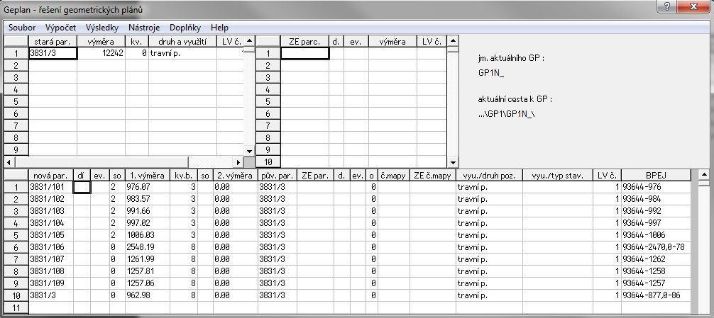 6.4.3.1 Pozemek s par. č. 3831/3 Pro parcelu č. 3831/3 byly formuláře vygenerovány pomocí funkce Geplan. První bylo zkontrolováno Nastavení v roletě Nástroje.