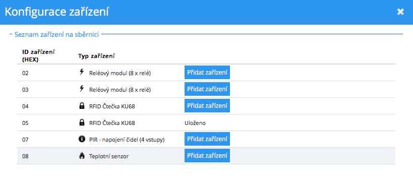 Obr. 21. Seznam zařízení na sběrnici Zařízení, která jsou již nakonfigurována jsou označena nápisem Uloženo. Pro přidání nového zařízení klikněte na tlačítko Přidat zařízení na řádku daného zařízení.