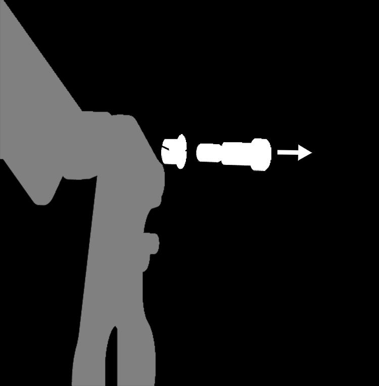 Postup při výměně všech šroubů je stejný, ale na obrázcích je uveden šroub od pravé věže ke zdvihacímu ramenu. UPOZORNĚNÍ: Po odstranění šroubu ramena se může křeslo pohnout.