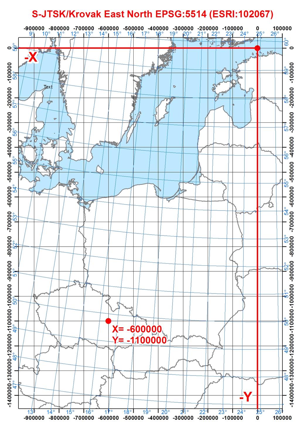 modrá síť zeměpisné souřadnice v Křovákově zobrazení černá síť rovinné souřadnice S-JTSK existuje více variant