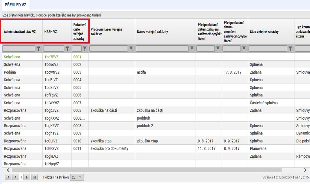 Administrativní stav, HASH a pořadové číslo VZ Každá zakázka
