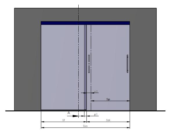 Jednokřídlé skleněné dveře s fixní stěnou - montáž do průchodu Poloha zavřených dveří Poloha Ssk otevřených dveří Vso Vp Vf Vsk p2
