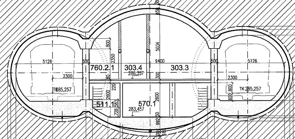 LTT - LEVÁ TUNELOVÁ TROUBA 40m 2 STT STŘEDNÍ TUNELOVÁ TROUBA 72m 2 PTT - PRAVÁ TUNELOVÁ TROUBA 40m 2 Výška výrubu: 7,34m Šířka výrubu: 8,02m SB 25, tl.