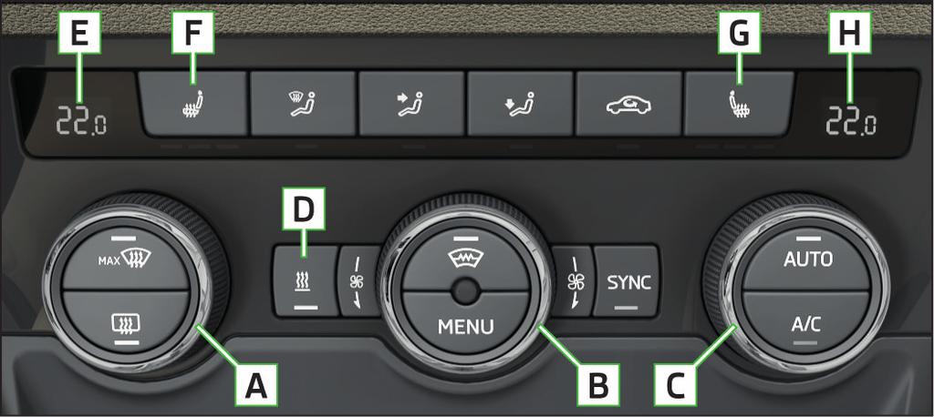 Klimatizace Climatronic Jednotlivé funkce nastavíte nebo zapnete otočením ovladače, resp. stisknutím příslušného tlačítka. Pokud je funkce zapnutá, svítí v tlačítku, resp.