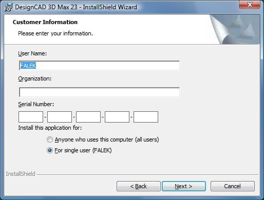 Vyplňte jméno a firmu uživatele, # licenční číslo (na bookletu) a zvolte instalaci "For single user (jméno uživatele)" a ne (!