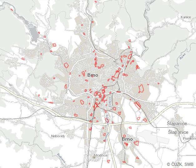 Obrázek č. 8: Mapa rozvojových lokalit města Brna 48 V databázi je v současné době evidováno 128 objektů brownfields tvořících dohromady území o celkové ploše 378 ha.