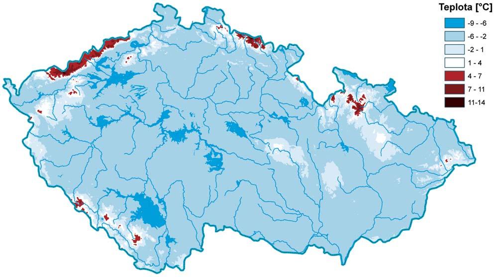 Obr. 6 Inverzní oblasti 20. prosince 2007 podle odchylky průměrné denní teploty od dlouhodobého průměru. Fig. 6. Inversion areas on 20 December 2007 according to the deviation of an average daily air temperature from the long-term average.