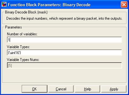 KAPITOLA 5. ARCHITEKTURA PIL V PEERT 40 Binary Decode Binary Decode blok dekóduje přijatý rámec od CPU (regulátoru) do výstupních hodnot. Datový typ výstupní hodnoty je určen parametrem bloku.