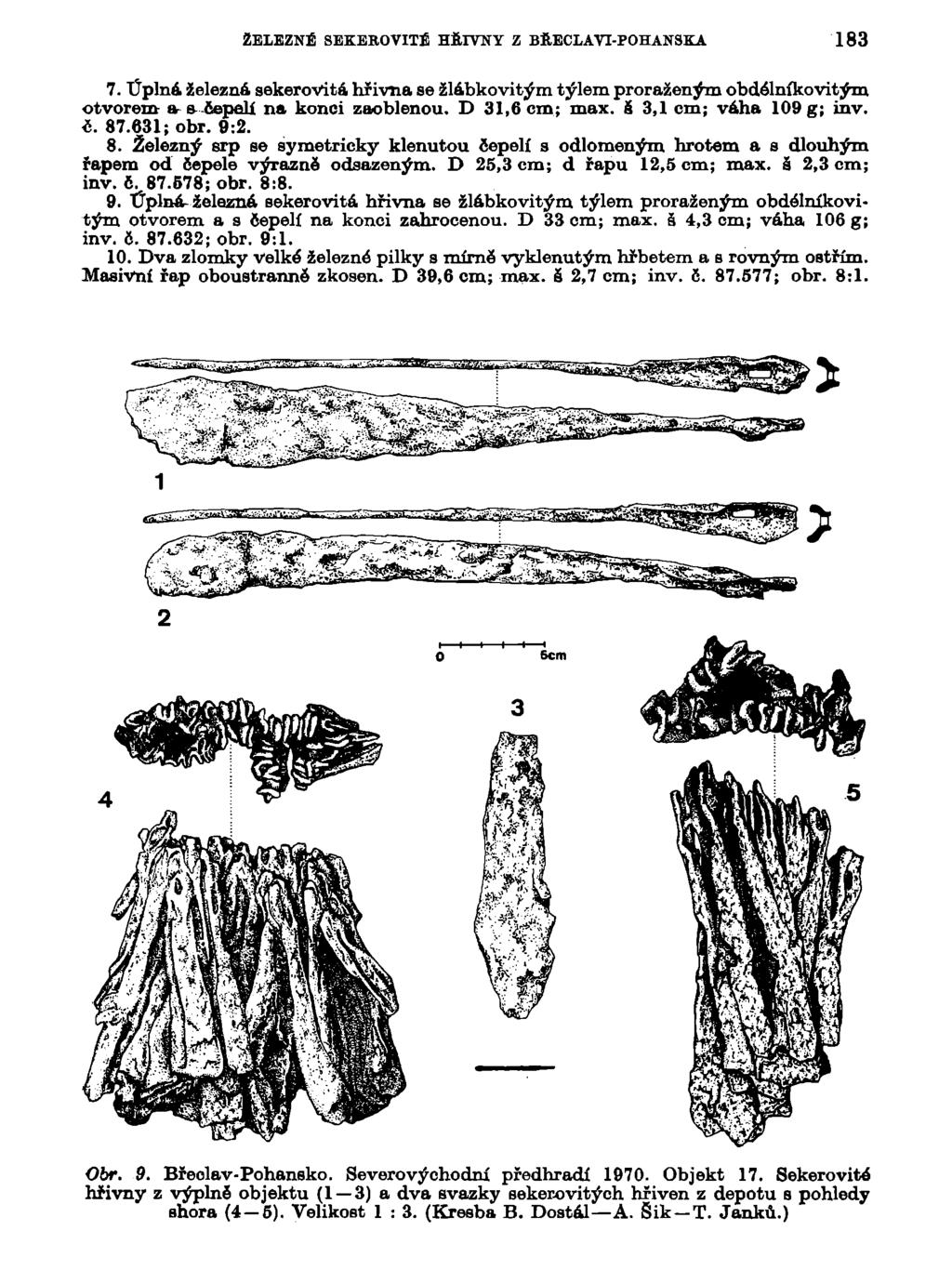 ŽELEZNÉ SEKERO VITÉ HŘIVNY Z BŘECLAVI-POHANSKA 183 7. Úplná železná sekerovitá hřivna se žlábkovitým týlem proraženým obdélníkovitým otvorem- a & čepelí na konci zaoblenou. D 31,6 cm; max.