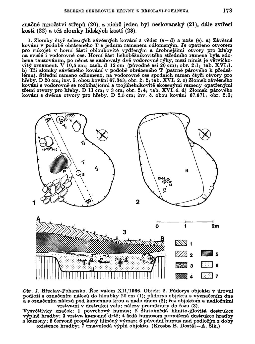 ŽELEZNÉ SEKEROVITÉ HŘIVNY Z BŘECLAVI-POHANSKA 173 značné množství střepů (20), z nichž jeden byl neslovanský (21), dále zvířecí kosti (22) a též zlomky lidských kostí (23). 1. Zlomky čtyř železných závěrných kování z věder (a d) a nože (e).
