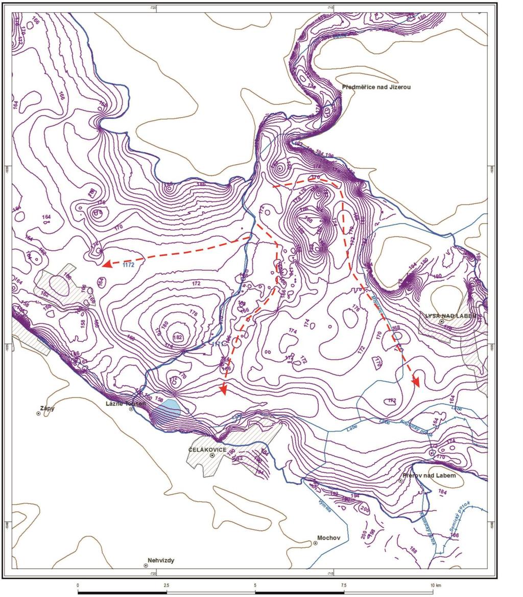 Mezi Nymburkem a soutokovou oblastí s Jizerou se mocnosti pohybují do 10 až 12 m s maximy severně od dnešního toku Labe.