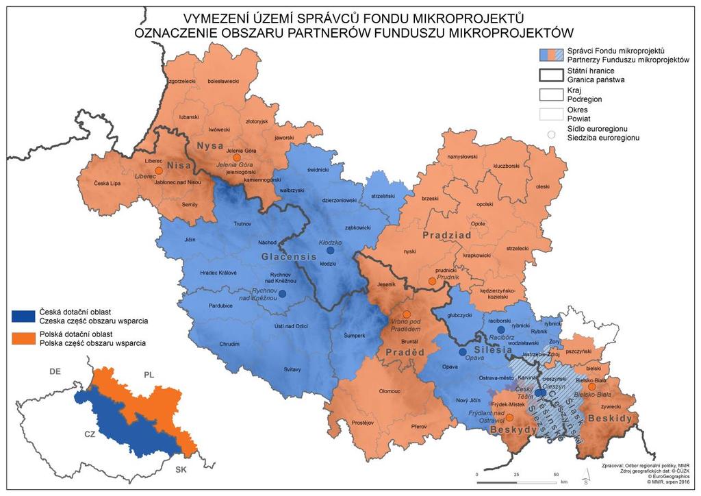 Euroregiony na česko-polské hranici Fond mikroprojektů pokrývá celé území Programu - pro potřeby Fondu je toto území dále členěno do oblastí vymezených dle působnosti jednotlivých euroregionů, které