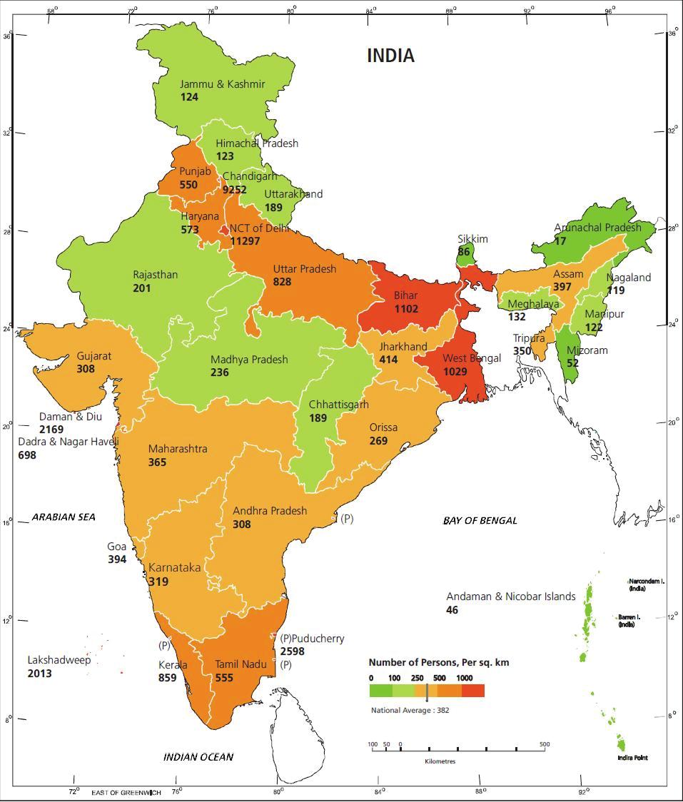 Obr. 8: Hustota zalidnění v Indii k roku 2011 Zdroj: Sčítání Indie 2011. 5.