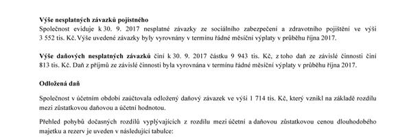 Brutto hodnota Typ závazku běžné období minulé období Závazky před lhůtou splatnosti 10 027 0 Po splatnosti od 0 do 6 měsíců 10 9 271 Po splatnosti od 6 do 12 měsíců 0 0 Po splatnosti nad 12 měsíců 0