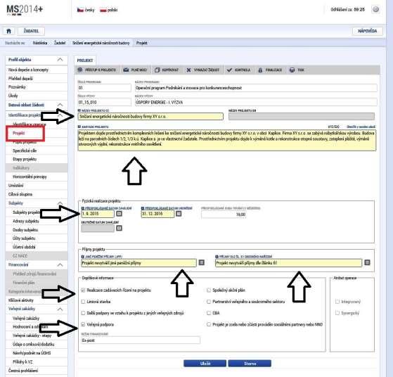 Projekt Na záložce Projekt žadatel vyplní Název projektu CZ, Anotaci Projektu, ve které stručně popíše předmět předkládaného projektového záměru, ze kterého bude jednoznačně patrný zaměření projektu.