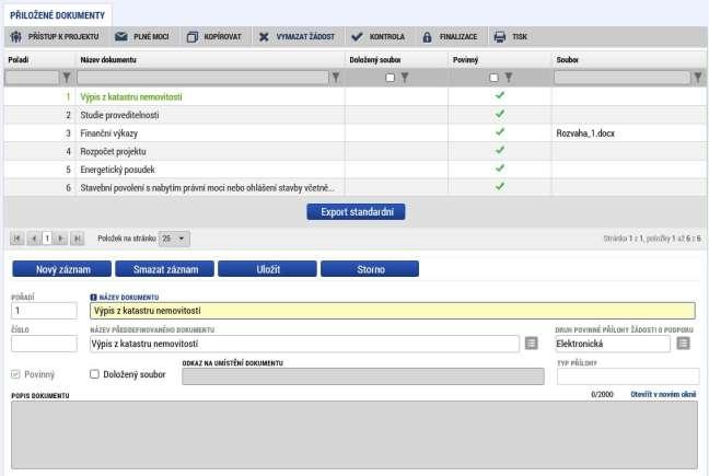 Přiložené dokumenty Finalizace, kontrola a podání žádosti o