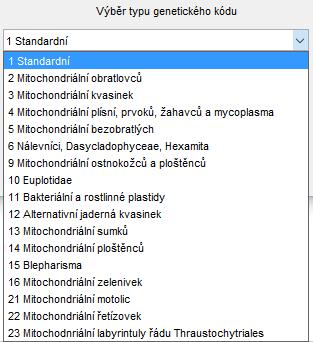 Ke správnému výpočtu je zapotřebí vybrat, o jaký genetický kód se u sekvencí jedná.