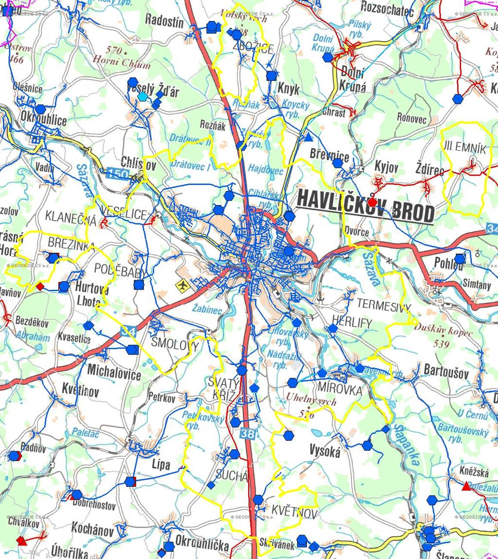 Havlíčkův Brod (karta obce: B_2_57) MAPA - VODOVODY Trasování sítí, lokalizace vodojemů, zdrojů, čerpacích stanic, ATS, ÚV Vodovodní řady Vodojem zemní