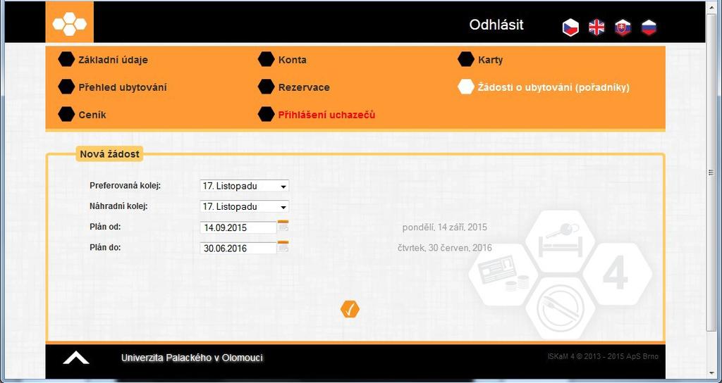 5. Zvolte preferovanou a náhradní kolej, zvolte datum nástupu a potvrďte. Datum ukončení je přednastaven na 30. 6.