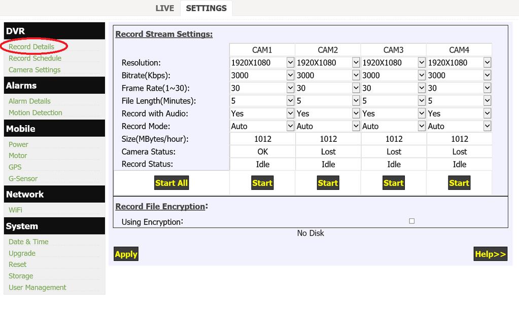 Nastavení Pro nastavení zařízení vyberte záložku settings. Poté se Vám zobrazí nabídka k nastavení různých parametrů (nahrávání, kamer, alarmu, detekce atd.