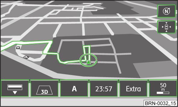 Funkční tlačítko Navigace Obr. 12 Zobrazení mapy ve 3D během navigování k cíli V závislosti na zvoleném režimu navigování se na pozici A zobrazují různá funkční tlačítka.
