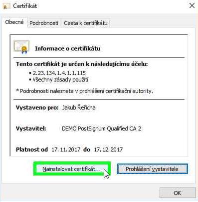 Instalace certifikátu do úložiště Windows Po obdržení e-mailu s vydaným testovacím certifikátem je možné ho nainstalovat.