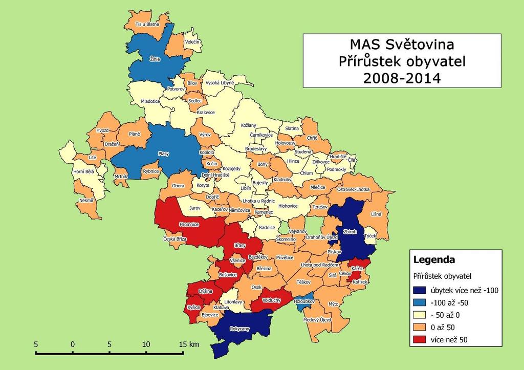 Obrázek 4 Vývoj počtu obyvatel podle obcí MAS 2008 2014 (ČSÚ) Tabulka 6 znázorňuje příčinu pohybu obyvatel v regionech MAS Světovina.