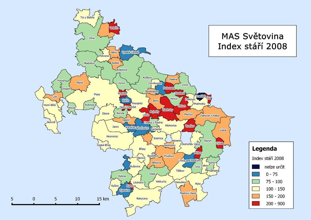 mezi léty 2008 a 2014 (viz. obrázek 5 a 6) je na tom hůře severní část území MAS (Karlovicko), což je způsobeno zejména odchodem mladých lidí do velkých měst (Plzeň, Praha).