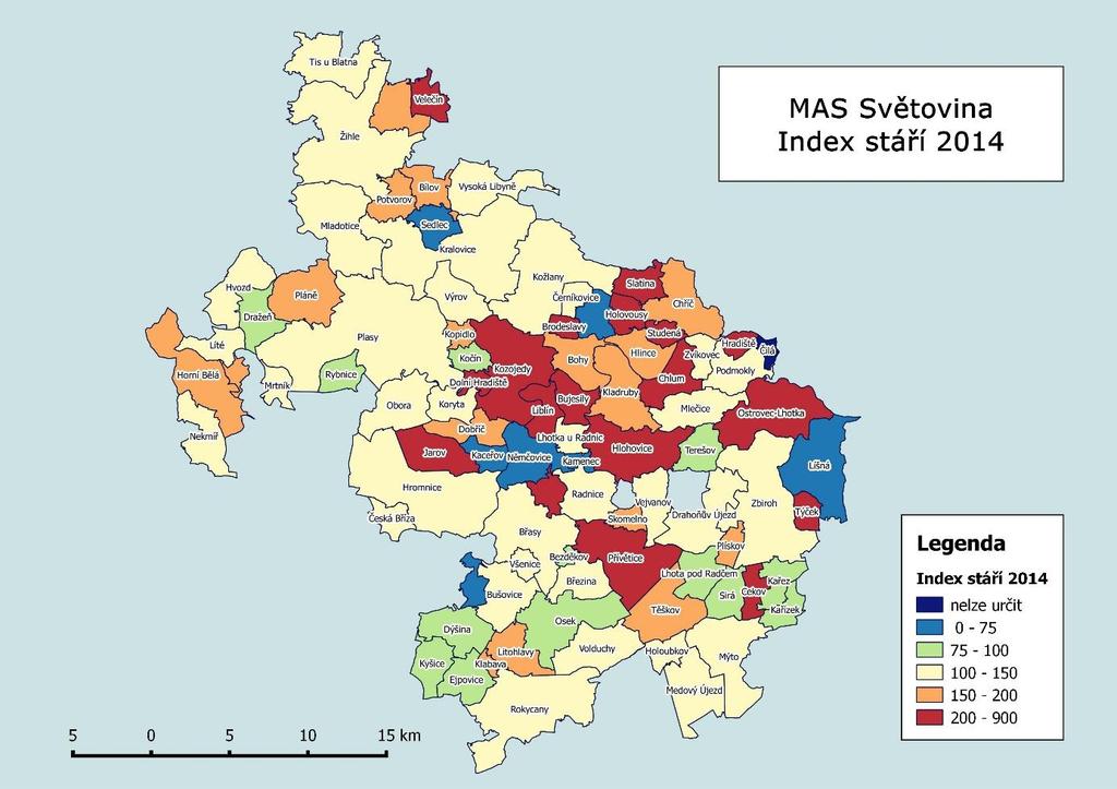 Obrázek 6 Index stáří podle obcí MAS Světovina 2014