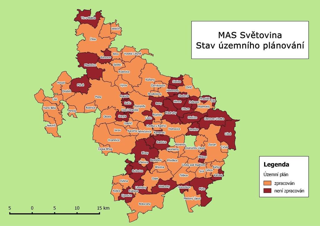Obrázek 11 Stav územního plánování v obcích, Geoportál PK Z hlediska zásad územního rozvoje Plzeňského kraje a územně analytických podkladů ORP Kralovice a Rokycany však lze pro území MAS Světovina