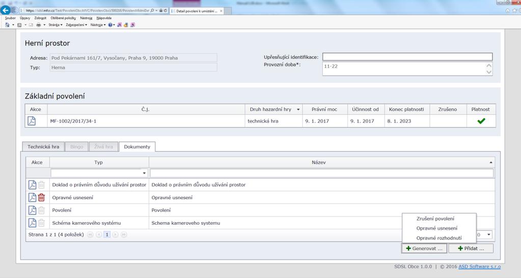 Na záložce Dokumenty klikněte na tlačítko GENEROVAT a klikněte na