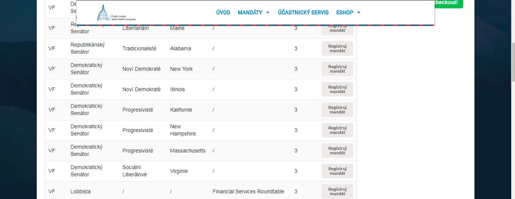 3. Výběr tří preferovaných mandátů (jen kongresmani a lobby) Pokud se hlásím do Senátu či Sněmovny, volbu mandátu ještě dvakrát zopakuji.