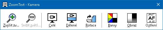 Kapitola 7 Nástroje ZoomTextu 203 Jak vybrat kameru 1. Na kartě Nástroje odklepněte šipku vedle tlačítka Kamera nebo přejděte na tlačítko Kamera a stiskněte klávesu šipka dolů. 2. V menu Kamera zvolte položku Nastavení.
