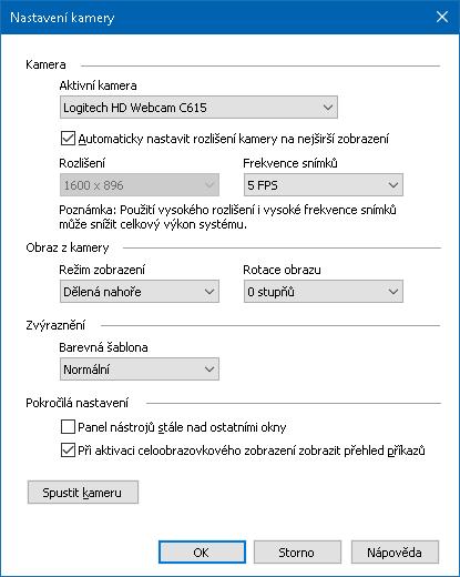 Kapitola 7 Nástroje ZoomTextu 207 Nastavení kamery v ZoomTextu Nastavení kamery v ZoomTextu vám umožní nastavit a spustit nástroj Kamera. Jak měnit nastavení nástroje Kamera 1.