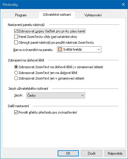 Kapitola 9 Předvolby 229 Předvolby uživatelského rozhraní Předvolby uživatelského rozhraní určují, jak uživatelské rozhraní ZoomTextu ve Windows vypadá. Jak upravit předvolby uživatelského rozhraní 1.